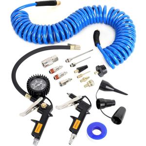 16 Pieces Heavy Duty Air Compressor Accessory Kit, 1/4 inch 25ft Recoil Poly Air Compressor Hose Kit, 100PSI Tire Inflator Gauge, Blow Gun and Nozzles, 1/4" NPT Air Coupler and Plug Kit