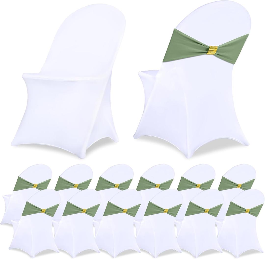 Moukeren 24 Pack White Folding Chair Cover Set with 12pcs Stretch Spandex Chair Slipcovers 12pcs Buckle Sashes Bow for Wedding Banquets Parties Events (Sage Green)