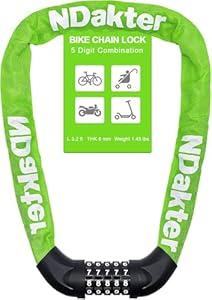 NDakter Bike Lock, 5 Digit Combination Heavy Duty Anti Theft Bicycle Chain Lock, 2.62/3.2/4.27/5/6Ft Long, High Security Resettable, Suitable for Bike, Scooter, Door, Gate, Fence-4/6mm Thick (Green)
