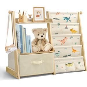 Kids Bookshelf and Toy Organizer 2 in 1,Book Shelf for Kids Rooms with Movable Toy Bin,4 Tier Toddler Sling Book Rack for Nursery Bedroom Playroom (Dinosaur)