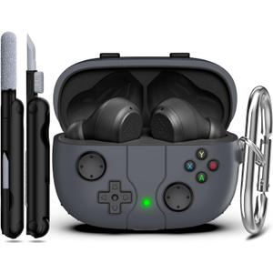 RFUNGUANGO Compatible with JBL Vibe 200TWS/JBL Vibe Beam Protective Case, Soft Silicone Game Console Theme Protective Case with Cleaning Kit, with Carabiner,Dark Grey