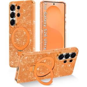 Magnetic for Galaxy S26 Ultra Case with Invisible Ring Stand[Compatible with MagSafe]Full Body Slim Women Girl Shockproof Marble Pattern Design Case for Samsung Galaxy S26 Ultra,Shiny Orange