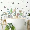 Palm Leaves Wall Decals Boho Tropical Leaves Wall Sticker Removable Green Plant Leaf Walls Decal Peel and Stick Tropical Leave Butterflies Vinyl Art Mural for Bedroom Living Room TV Background Decor