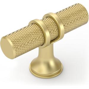 Amerdeco 10 Pack Brushed Gold Cabinet Knobs 2 Inch Length Single Hole T Bar Kitchen Cabinet Knob Knurled Cabinet Pulls for Drawer Cupboard