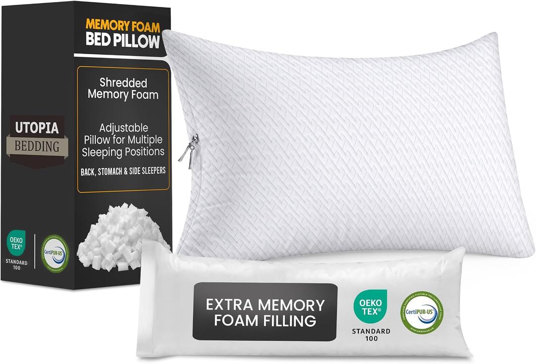 2 x Utopia Bedding Shredded Memory Foam Pillows (Queen), Cooling Adjustable Bed Pillows for Sleeping with Washable Pillow Case, Back, Stomach and Side Sleeper Pillow, Plush and Supportive (1 Pack)