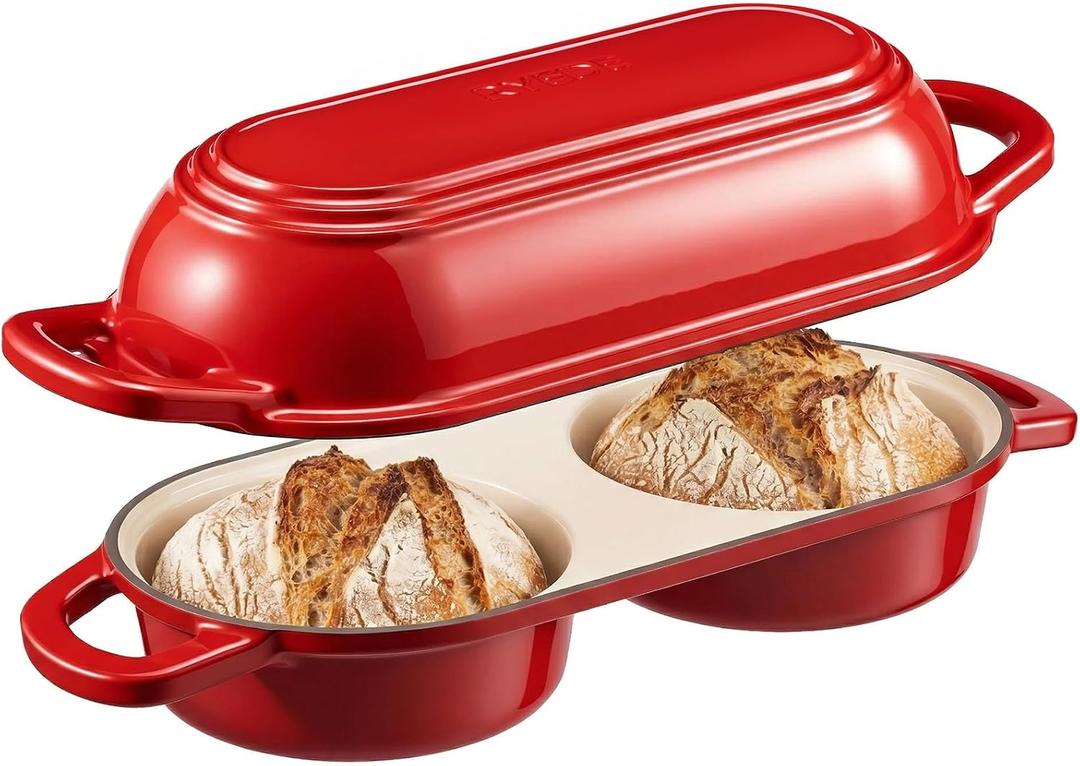 Enameled Cast Iron Bread Loaf Pan with Lid,Double Sourdough Baking Pan(Red)
