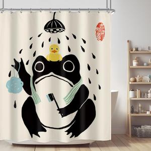 LGhtyro Funny Frog Shower Curtain Bathroom Set 60Wx71H Inches Asian Style Traditional Japanese Art Rubber Duck Cute Animal Bath Accessories Retro Black Beige Art Home Decor Fabric 12 Pack Hooks