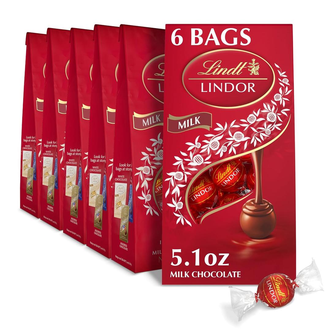 Lindt LINDOR Milk Chocolate Truffles, Milk Chocolate Candy with Smooth, Melting Truffle Center, Great for Gift Giving, 5.1 oz. Bag (6 Pack) (EXP 09/30/26)