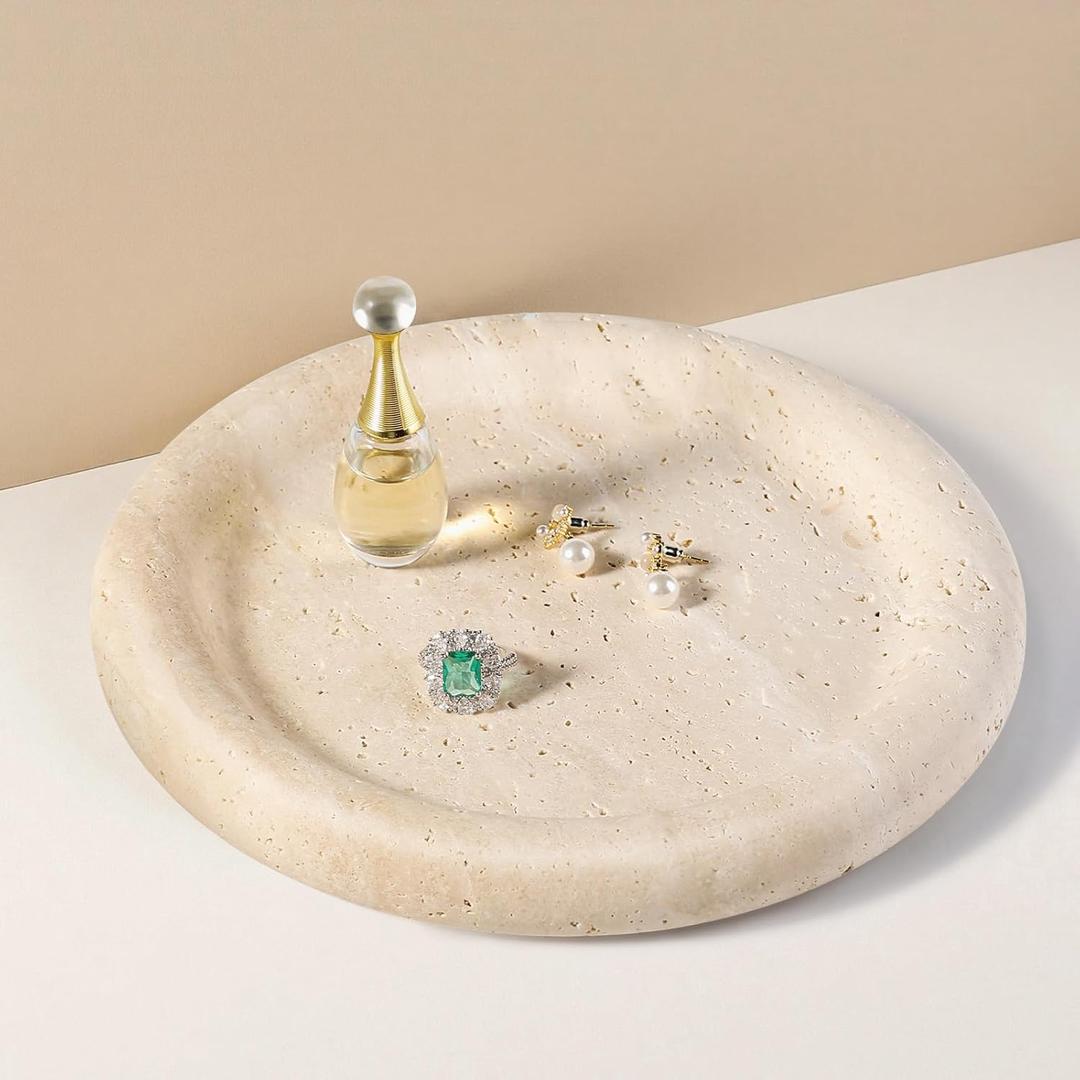 Koville Italian Round Travertine Tray, 8" Vanity Decorative Marble Tray for Countertop, Catchall for Perfume, Candles, Jewelry Dish