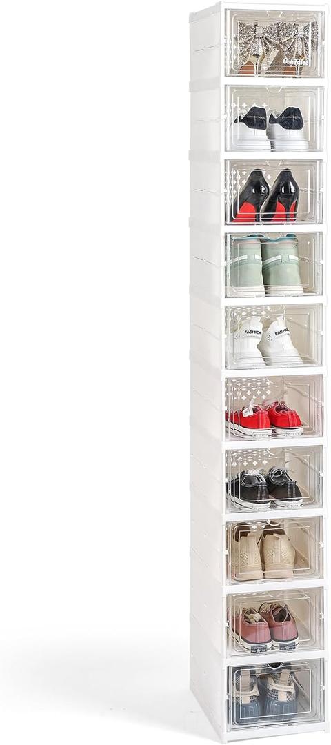 Foldable Shoe Rack Storage Organizer, Tall Narrow Shoe Shelf for Closet Entryway, Free Standing Cabinet with Clear Door, Plastic Space Saving Corner Shoe Stand, White (White, 10-Tier)