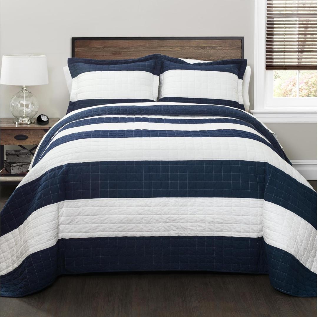Lush Decor New Berlin Quilt Striped Pattern 2 Piece Bedding Set, Twin, Navy & White