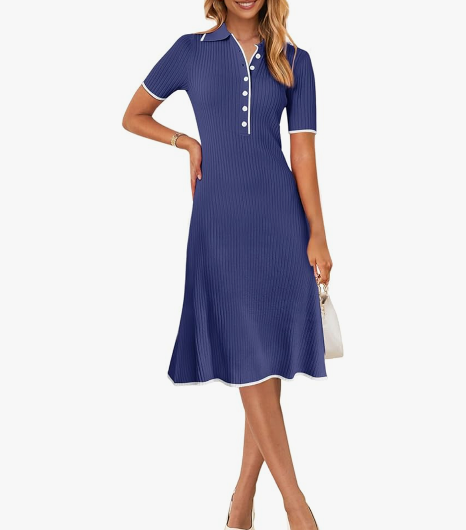 MEROKEETY Women's 2026 Summer V Neck Ribbed Midi Dress Short Sleeve Button Elegant Bodycon Knit Sweater Dresses XL