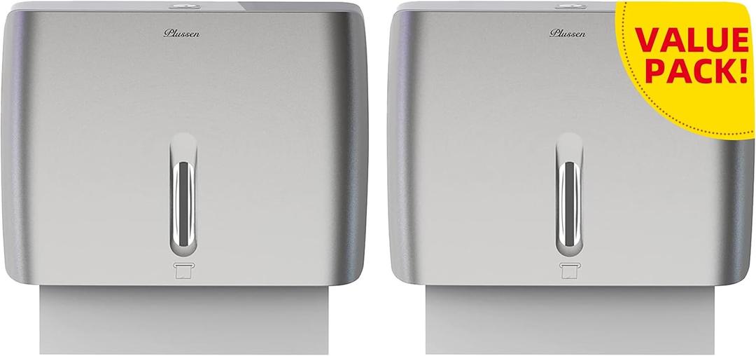 Commercial Paper Towel Dispenser Wall Mount with Key Pack of 2 Plastic 10 Length X 8 Height X 3 Depth for Restroom (Silver)