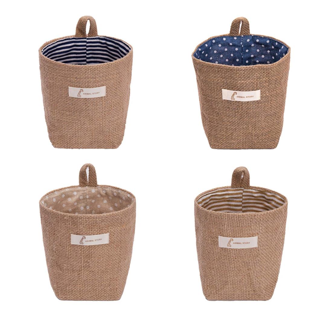 4 Pack Wall Hanging Storage Bags Hanging Storage Bags Cotton Linen Storage Basket Foldable Wall Hanging Basket Family Organizer Box Decorative Bag (Color as Shown)3.93 * 3.93 * 5.31