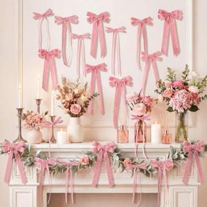 24 Pcs Pink Vintage Velvet Bows Ornaments, 5x10 Inch Luxury 3 Assorted Widths for Baby Shower Bridal Christmas Birthday Valentine's Day, Reusable Coquette Room Wall Backdrop Photo Decor