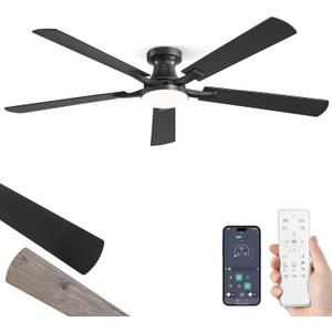 ZMISHIBO 60 Inch Ceiling Fan with Light, App&Remote Control, Flush Mount Low Profile, Dimmable 20W LED Light, Quiet Reversible Motor for Bedroom, Living Room, Apartment, Black