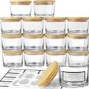 CONNOO 15 Pack 4 OZ Clear Glass Candle Jars with Airtight Bamboo Lids for Making Candles, Bulk Small Wide Mouth Empty Candle Containers with Sticky Warning Labels - Dishwasher Safe