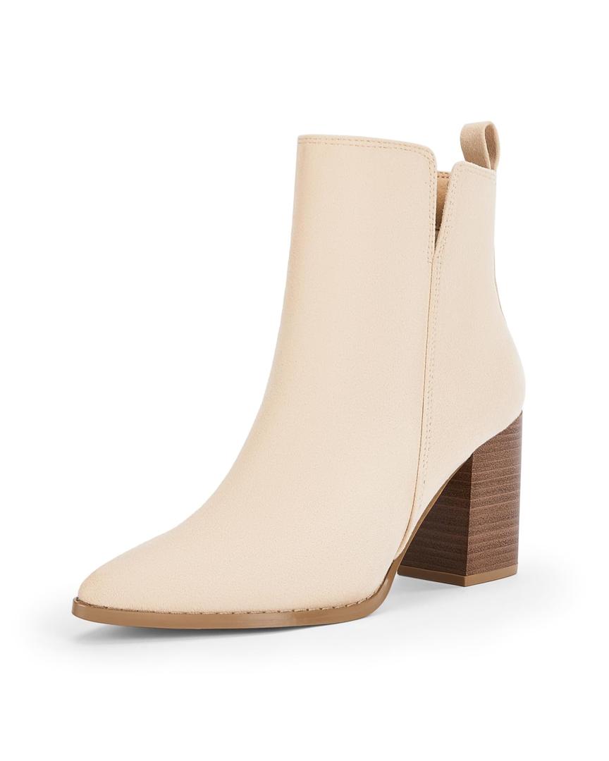 Rilista Womens V Cutout Ankle Boots Pointed Toe Chunky Block Stacked Heel Booties Side Zipper Shoes