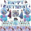 Cute Cartoon Birthday Decorations Set for Girls, Anime Birthday Party Supplies Include Cake Cupcake Toppers, Tablecloth, Balloons, Cake Topper, Banner, Hanging Swirls, Stickers (Blue#3)