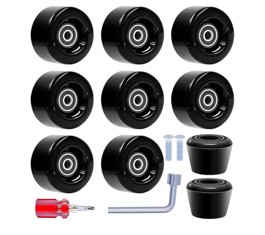 Tanzfrosch 8 Pack Roller Skate Wheels with Bearings Installed and 2 Toe Stoppers for Double Row Skating, Quad Skates and Skateboard Outdoor or Indoor Use, 32mm x 58mm 82A (Black)