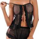 Kolagri Sexy Women Lace Pajamas Lingerie Set High Waist Sheer Sleepwear Bow Ties Cami Shorts Set (Medium, Black)