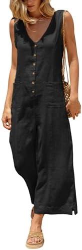 Yeokou Women Button Down Jumpsuits Cotton Linen Sleeveless Casual Wide Legs Rompers Loose Overall with Pockets, S
