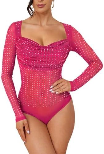 Pasgreson Women's Long Sleeve Square Neck Glitter Rhinestone Bodysuit Sheer Mesh See Through Body Tops Night Out Club Leotard , S