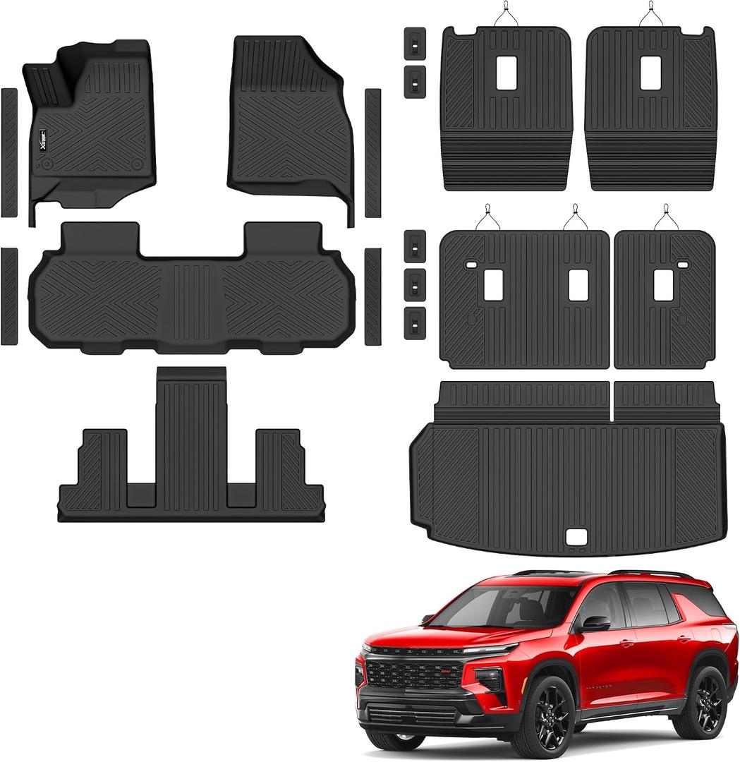 Floor Mats &Trunk Mat for 2024 2025 2026 Chevy/Chevrolet Traverse 7 Seats with 2nd & 3rd Row Backrest Mat All Weather TPE Rubber Cargo Liner Door Sill Guards for Chevy Traverse 2026 Accessories