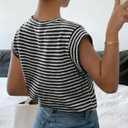 Women's Fashion Vests Crew Neck Striped Knit Short Sleeve Top (Black)