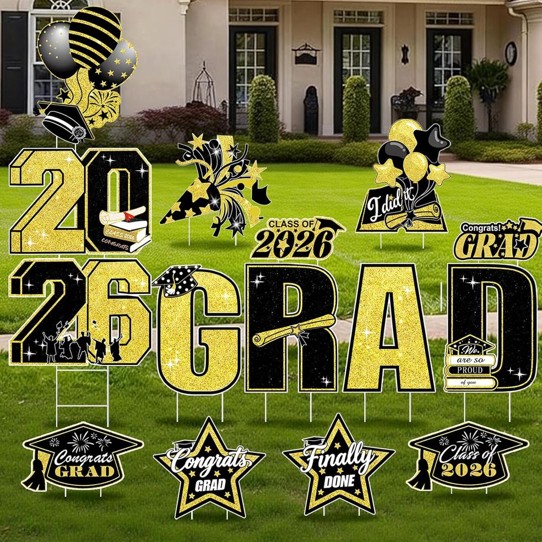 15 PCS Graduation Yard Signs Class of 2026 Decorations, 2026 Graduation Decorations - Large 4FT Tall Congrats Grad Lawn Sign Set with H-Stake & Fiberglass Rods, Waterproof Outdoor & Indoor Graduation Party Decor, Black and Gold
