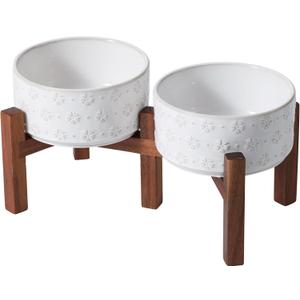 6.1inch Ceramic Raised Double Bowls Set with Acacia Wood Stand, 2 Heights Elevated, Food & Water Bowls for Small Breed Dogs, Weighted Dog Dishes, Pet Bowl (27oz, Arctic White) (3.4CUPS)