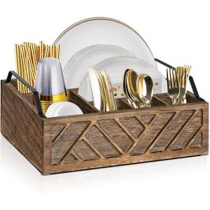 Ukonvi Flatware Organizers Paper Plate Dispenser with Handles, Paper Plate Holder for Kitchen Counter, Wood Rustic Silverware Utensil Caddy, Brown