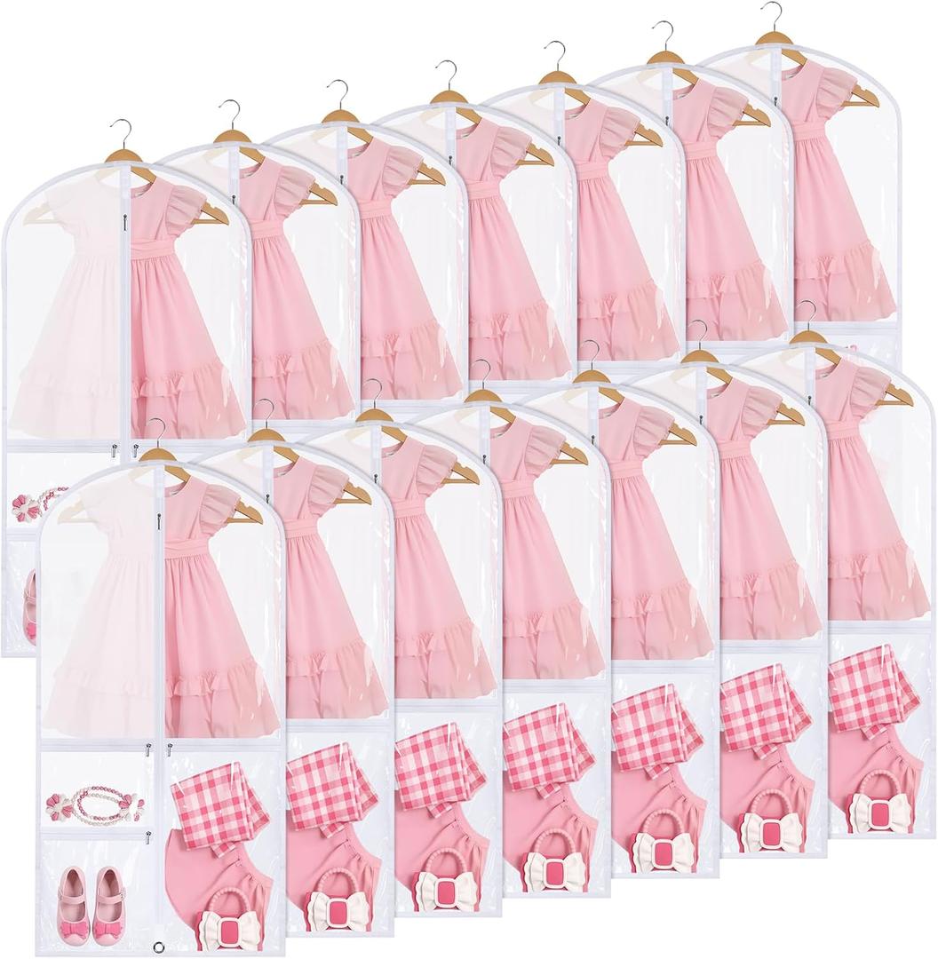 Geelin 14 Pcs Garment Bags for Dance Costumes PVC Clear with Zippers 20 x 40 Inch Garment Bag with Pockets Dance Costume Organizer Carrier for Storage Cover for Adult (White)
