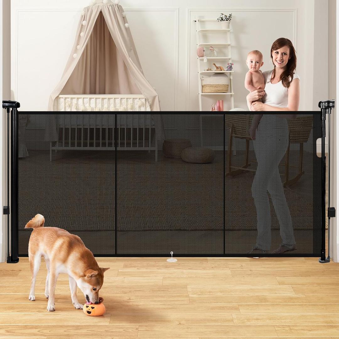 Retractable Baby Gates for Stairs, 78" Extra Wide Retractable Dog Gate with Support Rods for The House, 42" Extra Tall Baby Safety Gates Pet Gate for Doorways, Hallways, Indoor, Outdoor Black