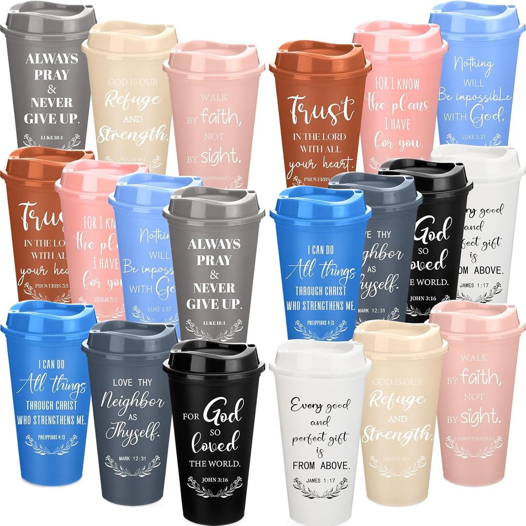 Skylety 20 Pack Christian Gifts for Men Women 16oz Reusable Bible Verse Tumbler Bulk Plastic Coffee Cups with Lids Inspirational Religious Church Gifts for Valentine Easter Birthday (Morandi Color)