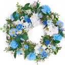 GENMOUS 24 Inch Summer Spring Blue Daisy Wreath for Front Door, Rustic and Farmhouse Flower Wreath with Myosotis sylvatica, Indoor&Outdoor Wedding Wall Home Decor