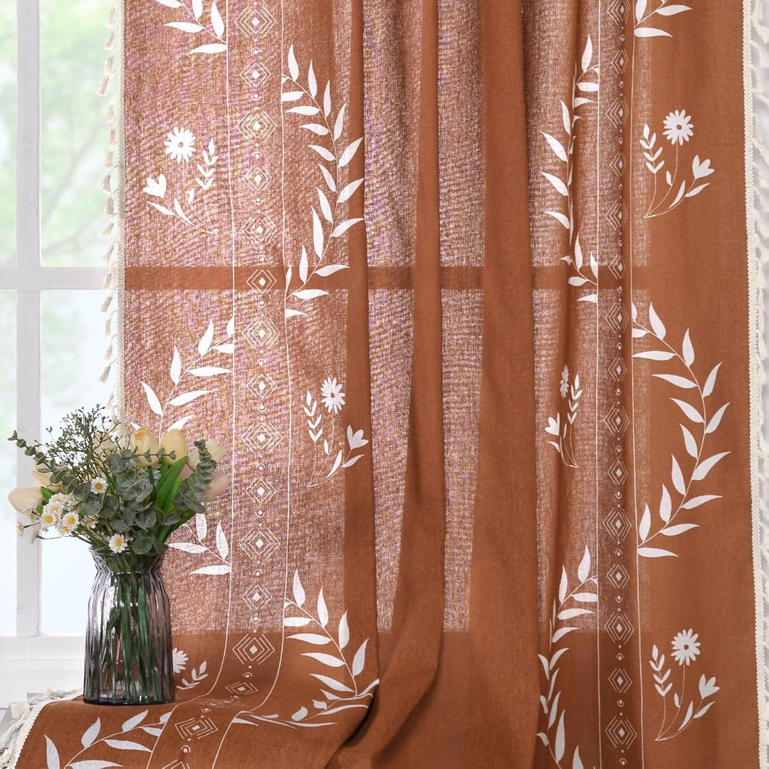 Schweek Burnt Orange Curtains 63 Inches Length for Living Room Semi Sheer Linen Western Curtains Vintage Farmhouse Window Curtain 2 Panel Sets for Dining Room Kitchen (Terracotta) (52" x 63")