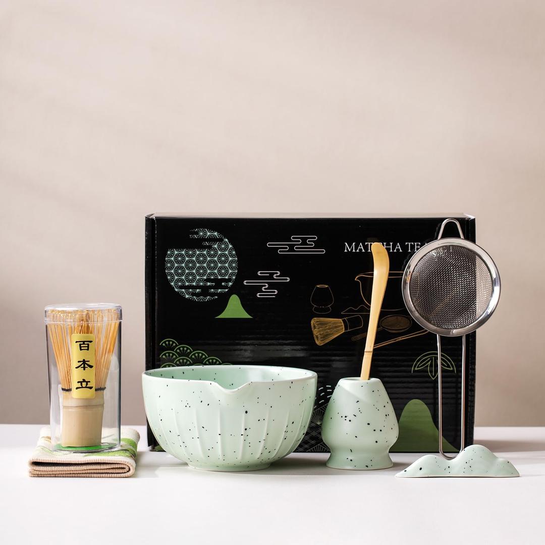 7Pcs Japanese Matcha Tea Set, Matcha Kit with Matcha Bowl (with Pouring Spout), Matcha Whisk, Whisk Holder, Strainer - Elegant Matcha Set for Gifting and Personal Use, Gift Box Packaging (Green spots)