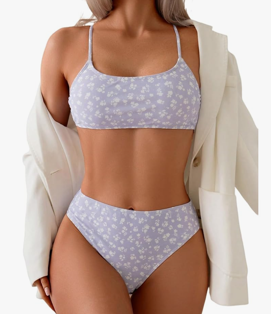 COZYEASE Women's 2 Piece Cute Bikini Sets Floral Ditsy Spaghetti Strap High Waisted Bathing Suit Swimsuit S