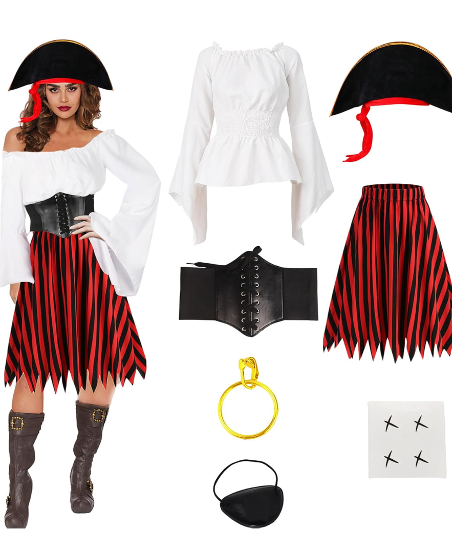 Pirate Costume Adult Halloween Costumes Women Pirate Shirt and Skirt Outfit with Hat Corset Eye Patch Accessories, L-XL