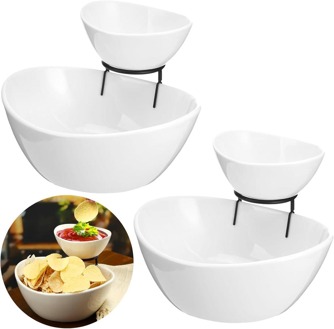 2 Set Chip and Dip Serving Set 2 Tier Chip and Dip Serving Dish Porcelain Appetizer Bowl and Platter with Stand for Food Taco Bar Salad Display Dessert Entertaining Party(Black,Classic Style)