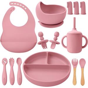 LITTLE RAWR Silicone Baby Feeding Set 14 Pcs,Baby Led Weaning Supplies, Baby Spoons Suction Bowl Divided Plate Bib Cup Finger Brush,First Stage Solid Food Eating Utensils  6+ Months(Deep Red)