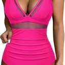 SUUKSESS Women Sexy Mesh Tummy Control Swimsuit Push Up High Waisted Bathing Suit (Medium, 10 Hot Pink)