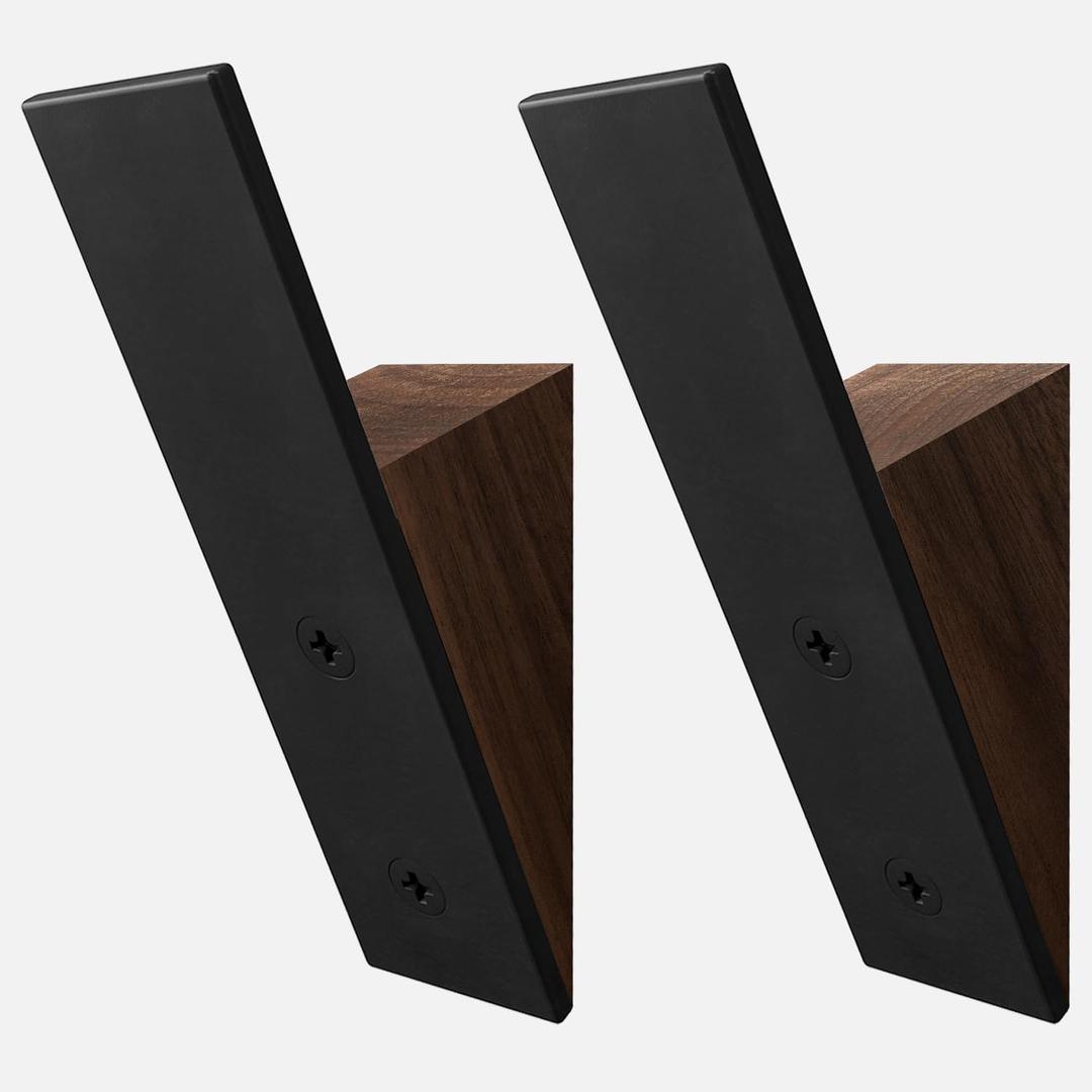 Homeforia Walnut Wood Coat Hooks, High End Walnut Wood & Black Metal Wall Mounted Coat Hooks, Mid-Century Modern Clothes Hooks, Heavy Duty Wooden Hooks for Hanging Coats, Hats, Towels & More, Set of 2