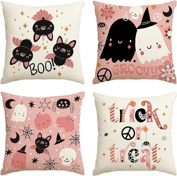 Halloween Throw Pillow Covers 18 x 18 inch, Set of 4 Decorative Pillow Cases for Sofa with Pumpkin and Bat Patterns Halloween Throw Pillow Covers 18 x 18 inch, Set of 4 Decorative Pillow Cases for Sofa with Pumpkin and Bat Patterns