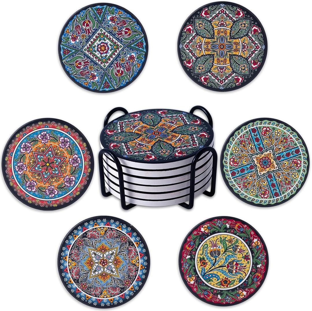 Coasters Absorbent Ceramic Coaster Drink Coasters with Cork Back Turkish Pattern Set of 6 Round Coaster Non Slip for Coffee Table Wine Glass Home Bar 4 Inch, Colorful