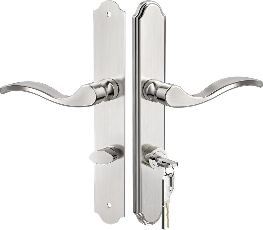 Flat Slot Storm Door Handle Complete Set, Mortise Keyed Lever Mount Latch with Deadbolt for Screen and Storm Doors, Polished Nickel