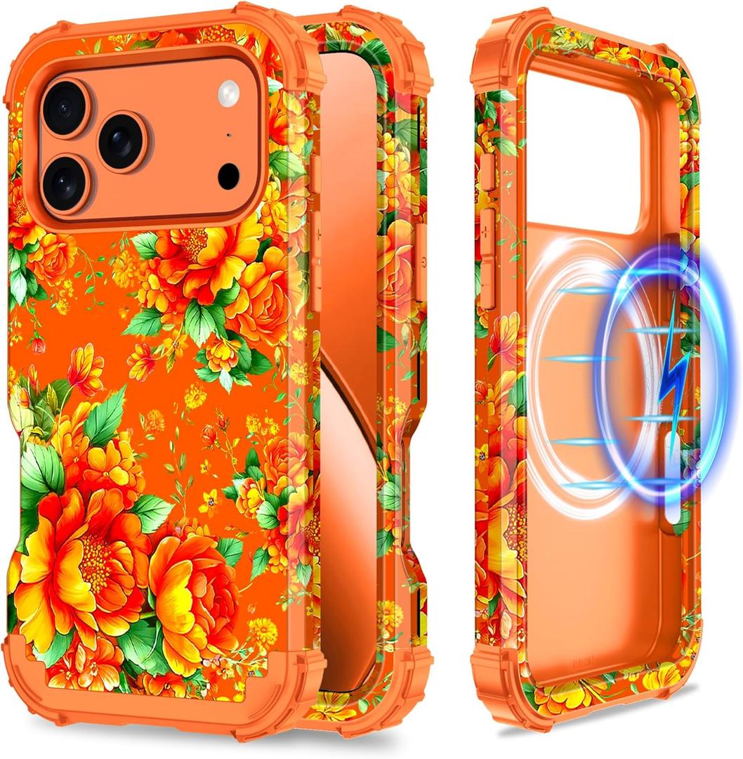 2 Pack Hekodonk for iPhone 17 Pro Max Case Magnetic,[Compatible with MagSafe] Floral Three Layer Heavy Duty Drop Shockproof Full Protective Women Girls Case for Apple iPhone 17 Pro Max 6.9 inch,All Orange