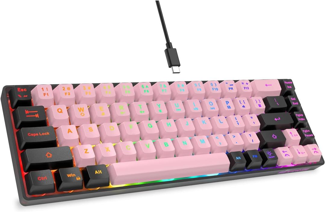 GEODMAER 65% Wired Gaming Keyboard, LED Backlit, Ultra-Compact Anti-Ghosting No-Conflict 68 Keys Membrane Gaming Wired Keyboard for PC Laptop Windows Gamer(Pink-Black)