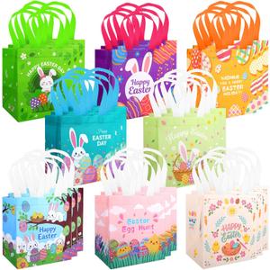 Easter Egg Hunt Bags 24 Pack with Handles - Bunny Chick Carrot Egg Basket Themed Reusable Non-Woven Easter Tote for Kids Gift Wrapping, Easter Party Supplies, Easter Treat Bags (7.09x5.91x7.87 Inches)